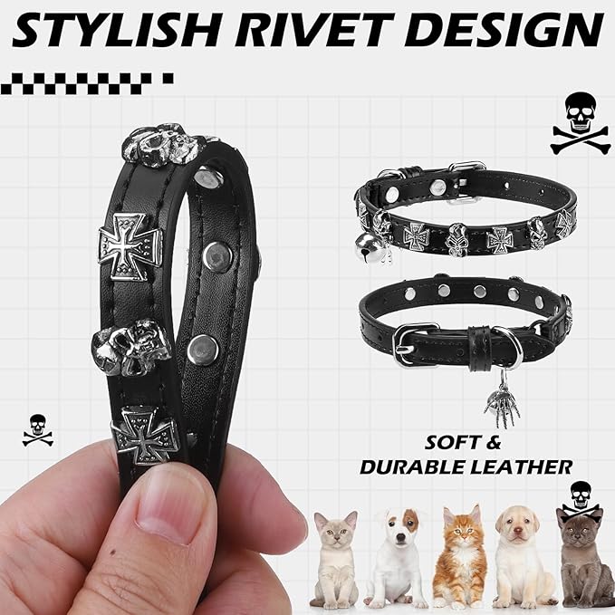 EXPAWLORER Cat Collar for Girl Boy Cats - Adjustable Leather Pet Collar with Safety Elastic Belt,Personalized Punk Accessories Buckle Collars with Bell & Durable D-Ring, Skull(Black)