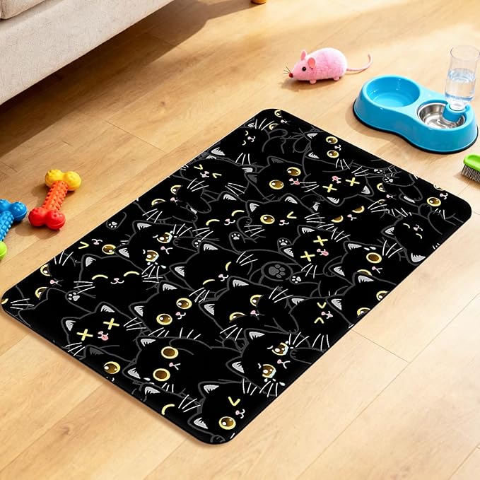 Cat Food Mat for Pet Dog Food Mat, Black Cat Absorbent Quick Dry Dog Bowl Mats for Food and Water, Non-Slip Cat Pet Feeding Mats for Floor Placemats 12"x20"