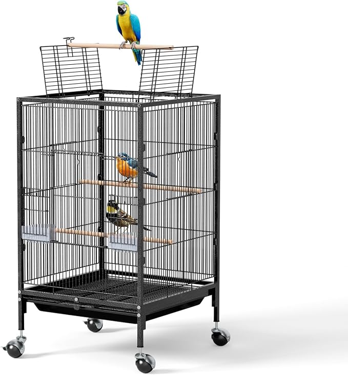 VINGLI Bird Cage with Wheels, Durable Wrought Iron Parakeet Cage with Slide Out Tray, Black Bird Cages for Parakeets/Lovebird/Cockatiels/Budgies and Other Small/Medium Birds (Medium-38 inch)