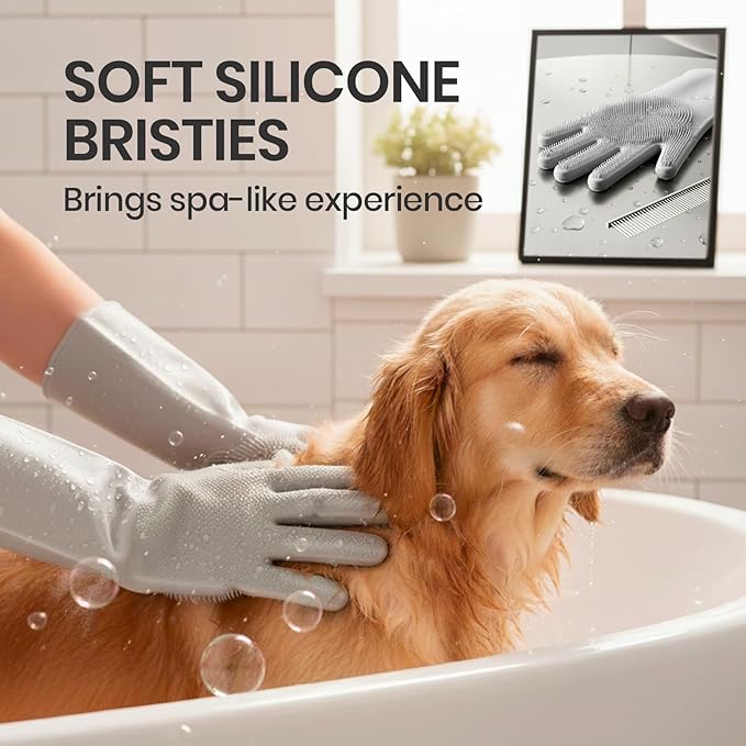 DELOMO Dog Washing Gloves with Comb: Soft and Gentle Silicone Pet Grooming Gloves - Bathing Scrubber Brush Mitt Grooming Shedding Fur Removal Massage for Dogs/Cats/Horse, Grey