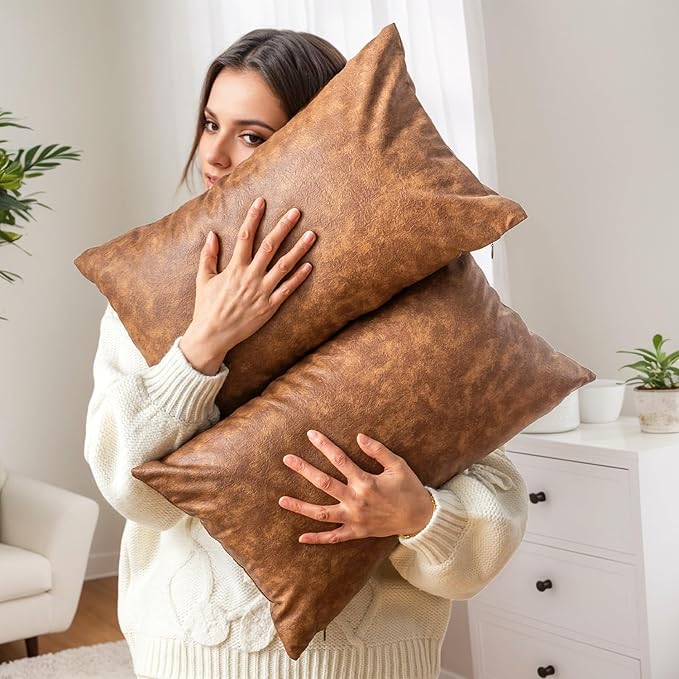 Cognac Pillow Covers 12x20 Inch Neutral Vintage Decorative, Pack of 2 Leather Lumbar Soft Rustic Cushion Covers for Home Decor Outdoor Waterproof Pet Hair Resistant Throw Pillow Covers