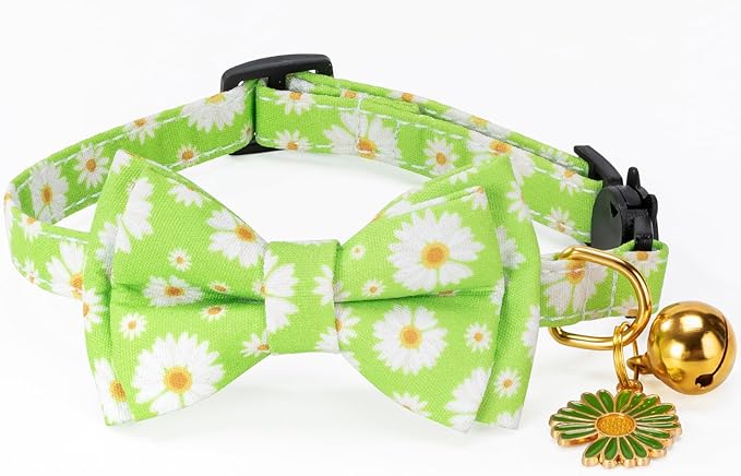 Breakaway Cat Collar with Cute Bow Tie Bell 2Pack Daisy Bee Pattern for Male Female Soft Cotton Kitty Kitten Cute Summer Spring Collar Ideal for Girl Boy Male Cats