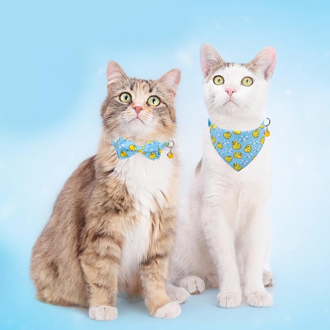SCENEREAL Cat Collar with Bells, 2 Pack Breakaway Cat Collars with Removable Bowtie Bandana, Adjustable Cute Kitten Collar for Pet Small Dogs Boys Girls, Blue Duck