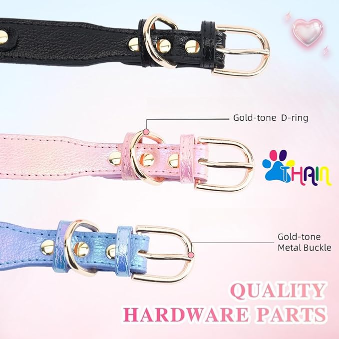 THAIN Fashion Dog Collar with Bling Diamonds & Heart Charm – 5 Holes Adjustable PU Leather Rhinestones Necklace Collar, Gold Buckle for Medium Dogs Girl (Pink, M)