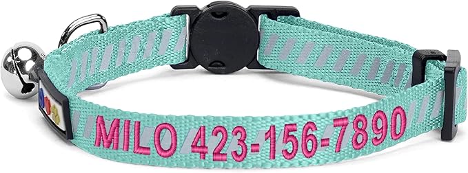Pawtitas Personalized Teal Reflective Cat Collar – Adjustable Custom Collar with Safety Buckle, Removable Bell, and Engraved Name & Phone Number for Kittens and Adult Cats