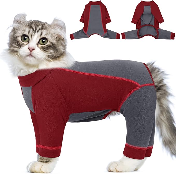SUNFURA Hair Sticky Cat Clothes, Cat Sweater for Cats Only, 4-Legged Fleece Sweaters Kitten Pajamas Reduce Shedding Fur, Warm Pullover Shirts for Cats, Red M