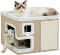 Cat Houses for Indoor Cats, Covered Cat Cave Bed with Scratch Pad and Fluffy Ball, Foldable Cat Hideaway Condo for Large Cats, Modern Kitten Bed,16.5x16.5x13 inches (Khaki‌, L)