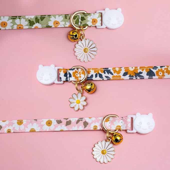 Faygarsle 3 Pack Cotton Safe Breakaway Cat Collars with Bell Daisy Charm Green Orange Pink Kitty Kitten Cute Cat Collars for Girl Cats Female Cats