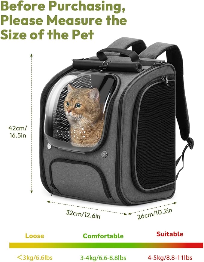 Pecute Cat Backpack Carrier, Large Space Cat Bubble Backpack, Breathable Cat Carrier, Shaded Dog Backpack Carrier, Ergonomic 3D Design for Travel, Hiking, Walk, Suitable for Shopping, Car, Vet, Gray