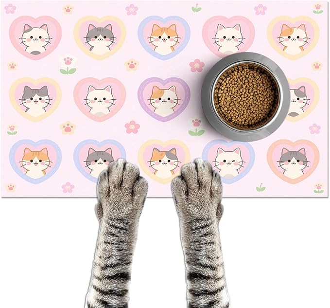 Cat Feedings Mats 20x12 inch Pink Heart Kitten Print Pet Bowl Placemat Non Slip Mat for Cats Food and Water Indoor Kitty Feeding Station Cute Cats Meal Mat for Small Pets Kitchen Floor Use