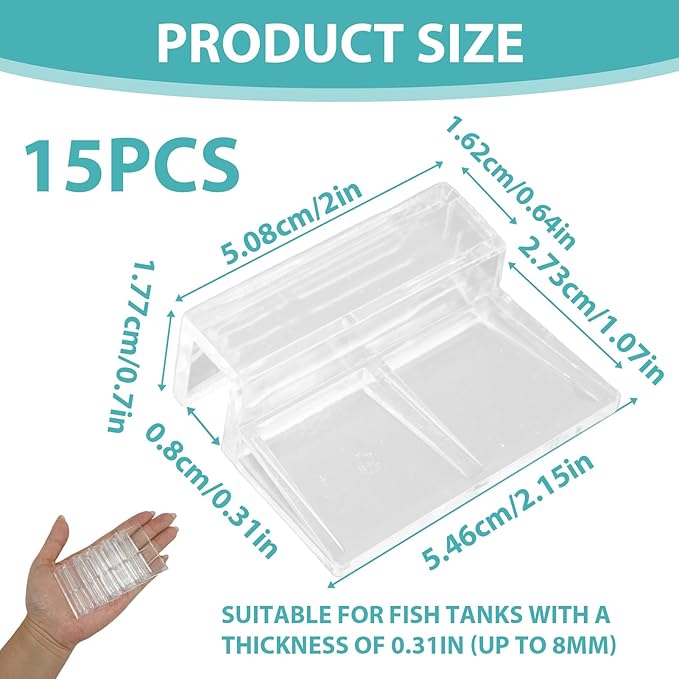 15 Pcs Rimless Aquarium Lid Clips for 7-8mm Glass, Clear Acrylic Aquarium Cover Support Clamps for Fish Tank Lid Holder, Plastic Tank Top Clips for Glass Canopy or Piscine Hoods and Covers