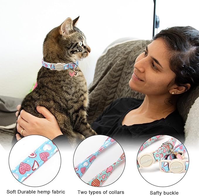 Cat Collar,2 Pack Valentines Day Cat Collar Breakaway,Safety Adjustable Collars with Bell for Kitten，Adjustable 7-12 Inch,Pet Supplies Accessories