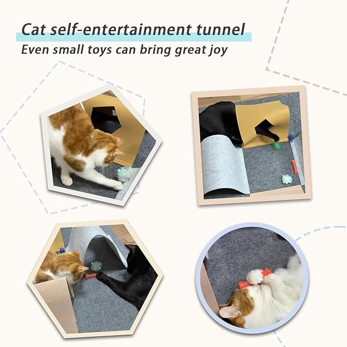 Cat Toys Tunnel for Indoor Cats,4-Way Felt Cat Tunnel Play Mat with Feathers & Bell 6 Pcs Interactive Cats Enrichment Toys Set Foldable Kittens Cave Hideout for Pet Hide & Seek