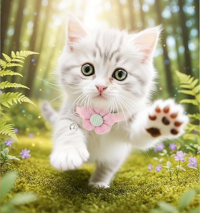 2Pcs Girl Cat Collars, Pink Girly Kitten Collar Plush Flower Cute Cat Collars for Girl Cats, Adjustable Design with Bell, Breakaway Safety Buckle, Cute Accessories for Girls' Kittens, Pink & Cream