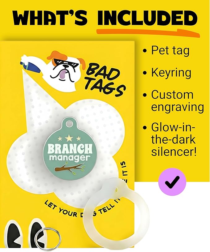 Bad Tags Personalized Dog and Cat ID Tags in 25+ Designs and 2 Sizes - 5 Lines of Custom Engraved Text - Funny Cute Personalized Pet Tags (Branch Manager, Large (1.25 inch))