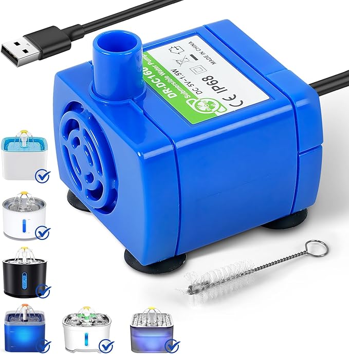 IP68 DR-DC160 Submersible Water Pump Cat Water Fountain Pump for Tritone Ceramic, Stainless Steel, Round Flower Cap Cat Fountains, Automatic Pet Water Dispenser Replacement Pump (No LED & with Brush)