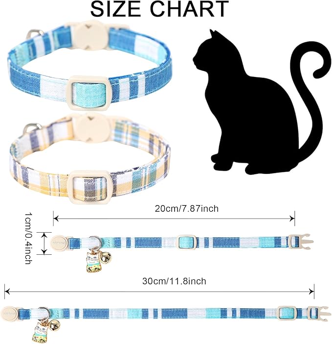 DOGWONG Cat Collar, 2 Blue Plaid Pack, Breakaway with Bell, Safety Buckle, Adjustable 7-12 Inch, Perfect Fit for Cats & Small Dogs