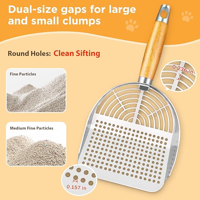 Stainless Steel Litter Scoop, Kitty Litter Scooper, Metal Cat Litter Scoop, Kitten Pooper Lifter, Cat Scooper, Kitty Metal Scooper with Holder for Cat Litter Box Round Holes Easy Cleaning