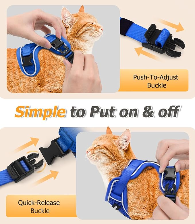 Halypet Cat Harness and Leash Set [MAX Safety 4th-Gen Upgrade] Escape Proof Adjustable Cat Leash Comfortable Soft Vest Easy to Wear Kitten Harness with Reflective Strip for Cats Walking, M Blue