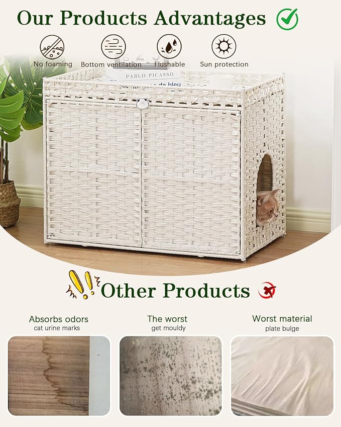 Cat Litter Box Enclosure Furniture, Handwoven Rattan Hidden Litter Box with Mat, Large Space Cat House with 2 S-Shaped Hooks 30.3 x 18.3 x 24.4 Inches, Indoor for Living Room Apartment White