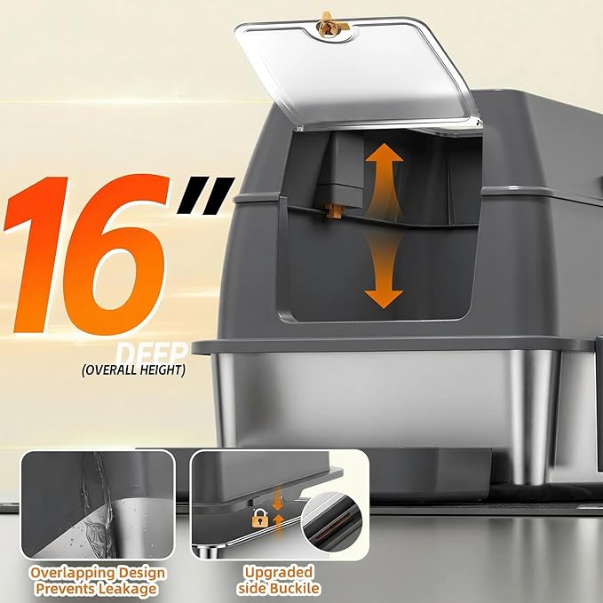 Stainless Steel Litter Box with Lid,Front Entry Top Exit Kitty LitterBox,Extra Large Enclosed Metal Cat Box with Litter Scoop & Litter Mat-Dark Gray