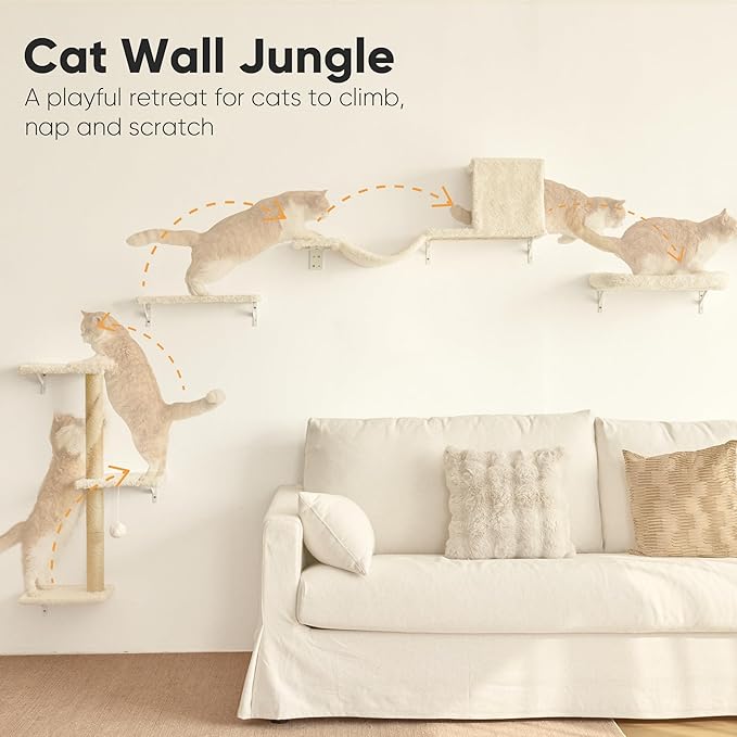 FUKUMARU Cat Wall Shelves, Stable & Safe 4 in 1 Large Cat Walls Furniture Set, Wooden Kitten Climbing Wall with Scratching Post for 16 Inch Drywall - Beige