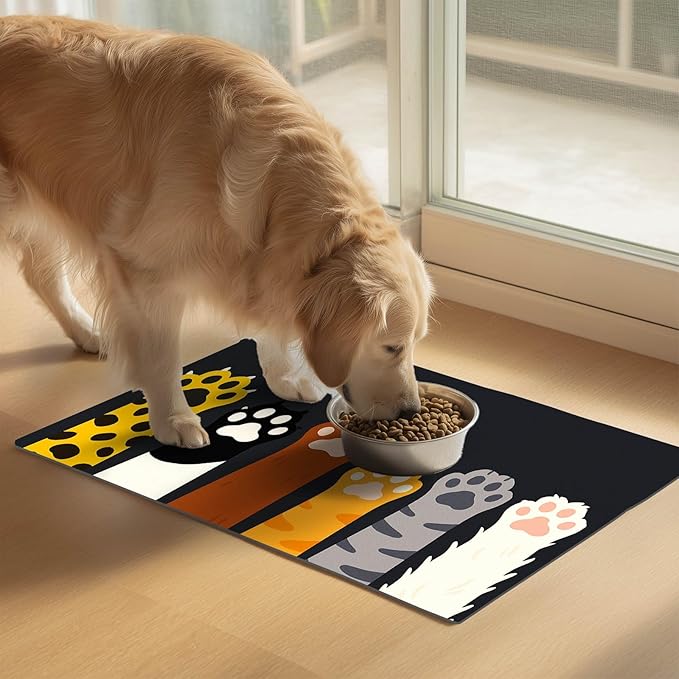 Cute Animal Paw Pet Food Mat Non Slip Spill Proof Feeding Pad for Cats Kittens Small Dogs Food and Water Bowl Mat Easy Clean Fast Dry Placemat for Pet Feeding Area Kitchen Decor 20" x 12"