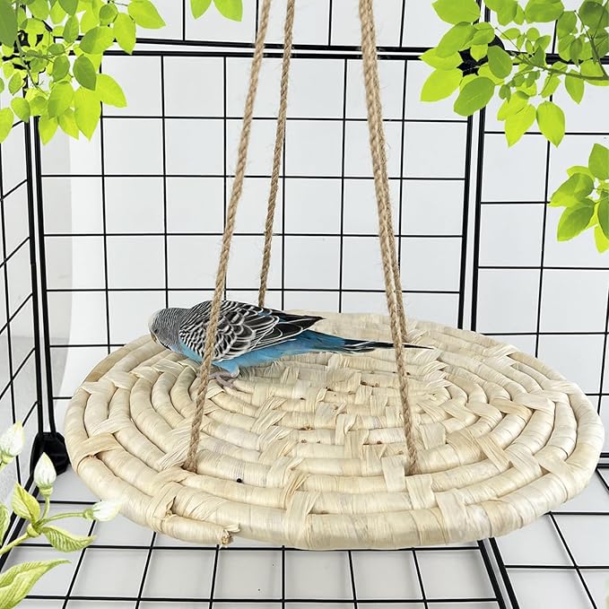 FlidRunest Bird Swing Hammock Bed, Natural Corn Woven Parrot Hammock Swing Mat, Hanging Bird Climbing Perch Mat, Relieve Boredom Chewing Toy for Birds Parakeets Lovebirds Cockatiels Conure, yellow