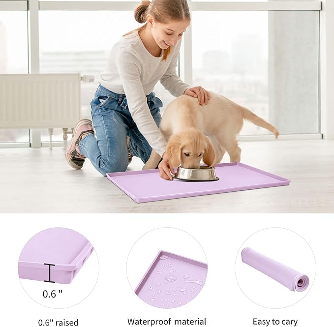 Dog Food Mat,Silicone Waterproof Food Tray,Non Slip Pet Bowl Mats Placemat,0.6" Raised Edge,Suitable for Most Small and Medium Sized Pets,24" x 16"