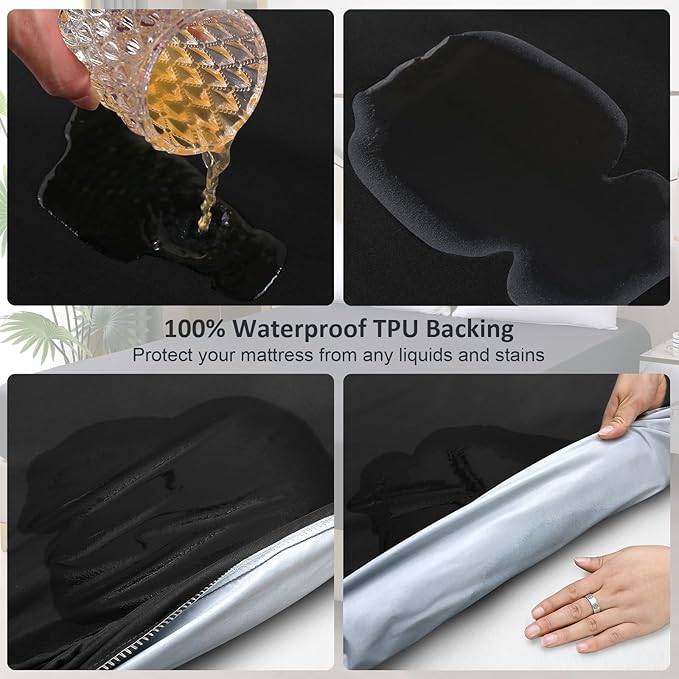Waterproof Mattress Protector Full, Fitted Sheet Style Breathable Mattress Cover with Deep Pocket Fits Up to 18'', Machine Washable Noiseless Bed Cover for Kids Adults Pets (Black, 54'' X 76'')