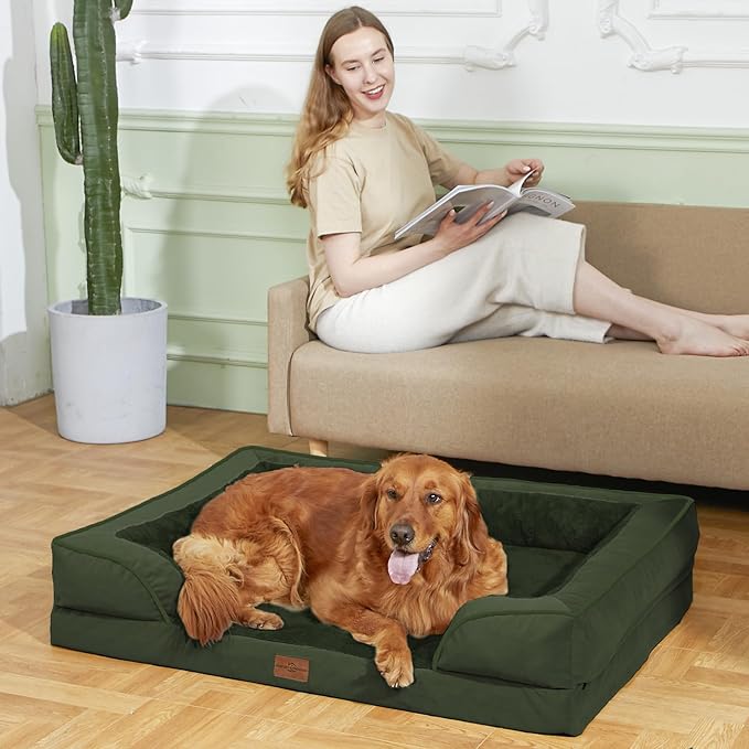 Comfort Expression Orthopedic Dog Bed for Extra Large Dogs 45x35 Inch, Waterproof Egg Crate Foam XL Pet Bed with Removable Bolsters, Dog Couch with Washable Cover & Non-Slip Bottom, Olive Green