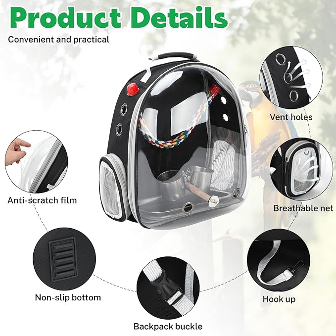 Rypet Bird Carrier Backpack Parrot Portable Breathable Bag Pet Bird Lightweight Travel Cage with Standing Perch and Stainless Steel Tray（Black）