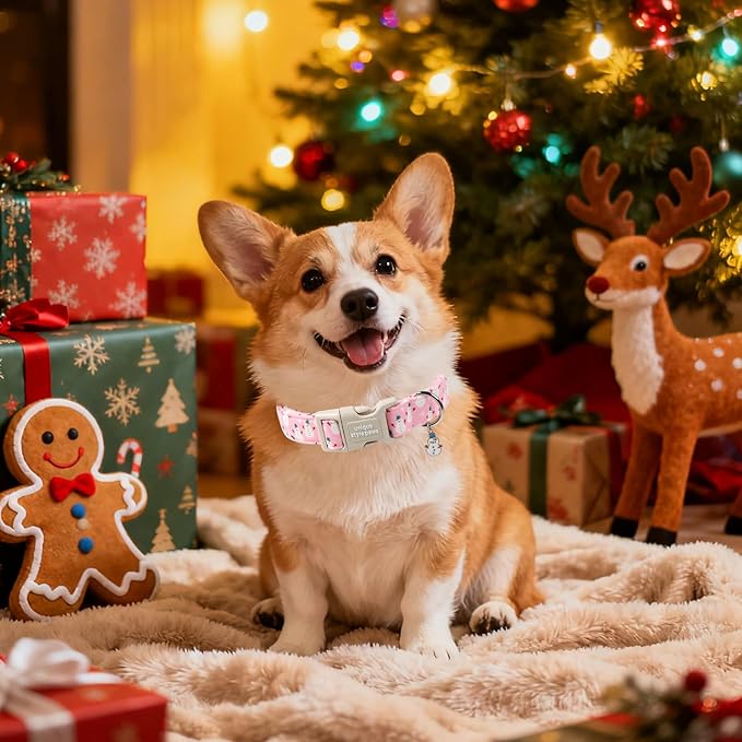 Unique Style Paws Christmas Dog Collar,Pink Snowman Print Dog Collar for Small Dogs,Soft Cotton Puppy Collars with Adjustable Buckle for Small,Medium,Large Dogs