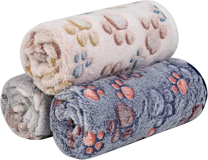 Dono 1 Pack 3 Dog Blankets, Soft Fluffy Fleece Pet Blanket Warm Sleep Mat Paw Print Design Puppy Kitten Throw Blankets Doggy Blanket for Dogs