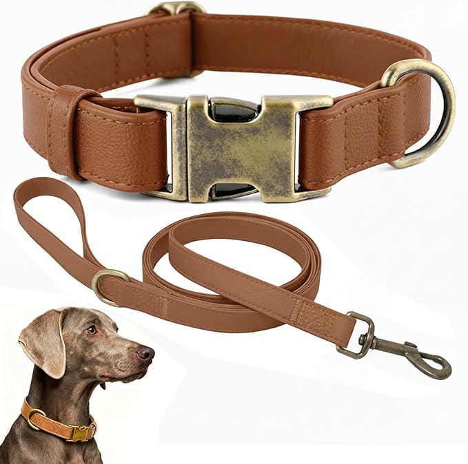 Dog Collar and Leash Set,Leather Silicone Waterproof Odor-Proof Dog Collar and Leash for Medium Dogs, Soft Flexible Dog Collars, Durable Thick Adjustable Pet Collar (Brown, Medium (11.5-18.5" Neck))