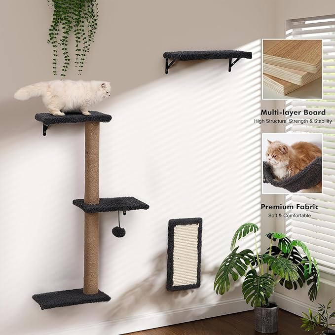 5-in-1 Cat Wall Shelves, Multi-Level Cat Climbing Furniture, Perch & Lounge for Indoor Cats, Space-Saving Wall Mounted Cat Shelves for Play & Rest (Natural Wood) - Gray