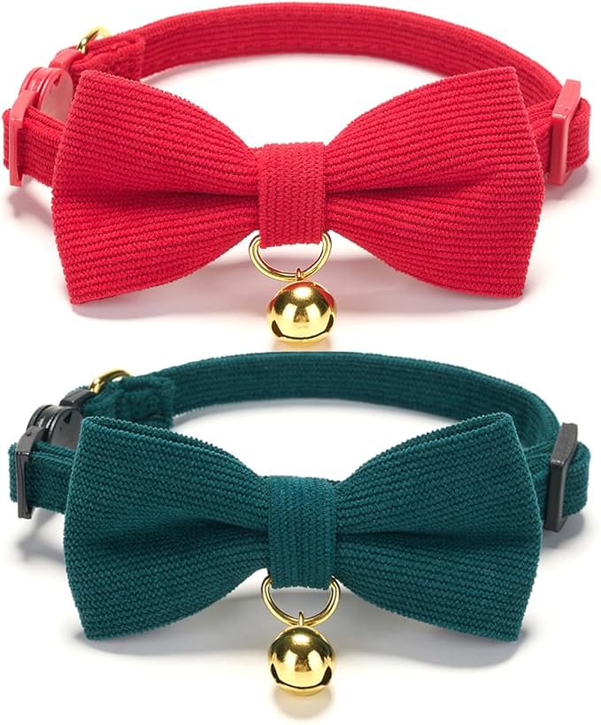 2 Pack Soft Corduroy Christmas Cat Collars with Bow Tie & Bell, Adjustable Breakaway Cotton Kitty Bowtie Collar for Girl Boy Kitten (Red & Green)