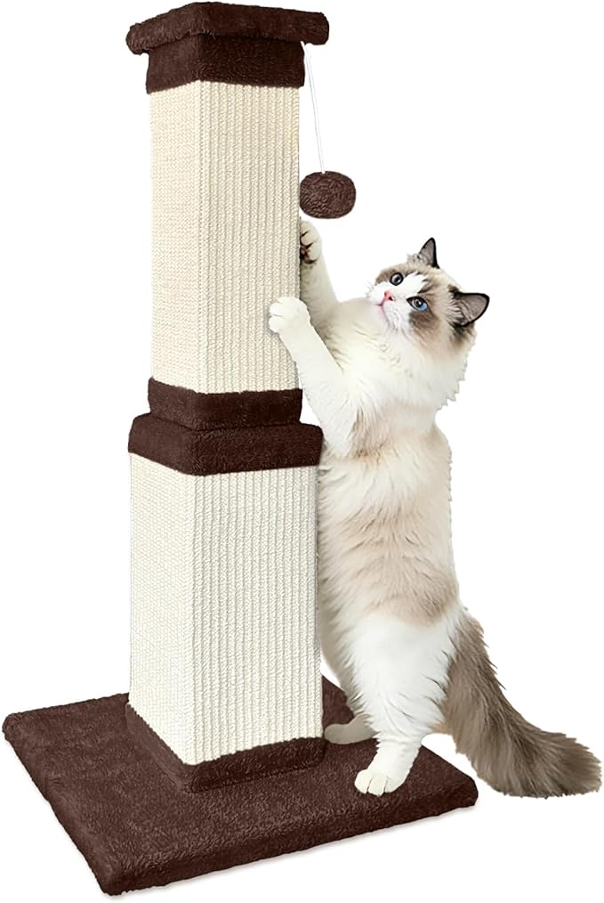 AGYM 32 Tall Cat Scratching Post for Large Cats, Cat Scratcher for Indoor Cats Adults, Sturdy Sisal Scratch Post to Protect Furniture, Brown