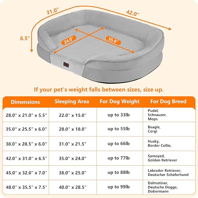 Dwanton Orthopedic Dog Bed for Large Dogs with Gel Memory Foam, Waterproof Dog Sofa, Washable Pet Bed with Four Sided Bolster Cushion, Removable Cover & Non-Slip Bottom, 42", Light Gray