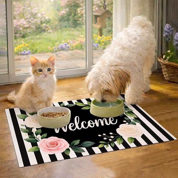 Pet Feeding Mat 24" x 16" Floral Stripe Welcome Design Non Slip Dog Food Mat and Cat Food Mat Easy Clean Puppy Feeding Mat for Indoor Cats Large Pet Food Mat for Food Bowls
