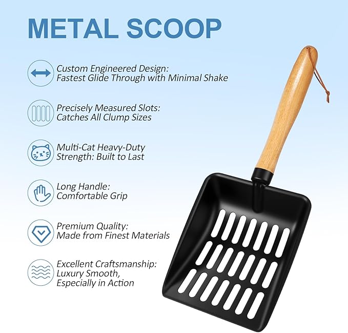 Cat Litter Scoop, Metal Litter Scoop, Heavy Duty Metal Cat Scooper for Litter Box, Black Sifter Scoop for Pellets, Wooden Handle Scoop with Hole, Kitty Necessity (5.5" Handle with Holder)