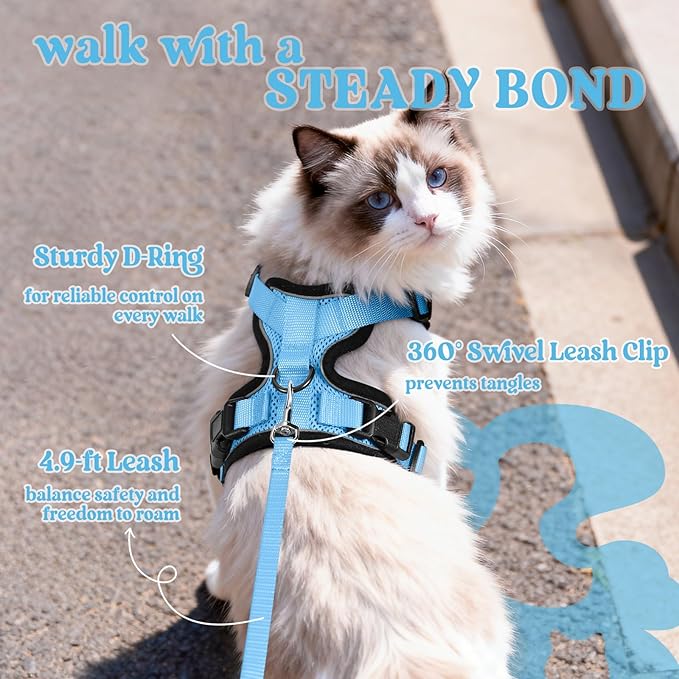 rabbitgoo Cat Harness and Leash for Walking, Escape Proof Soft Adjustable Vest Harnesses for Cats, Easy Control Breathable Reflective Strips Jacket, Light Blue,M