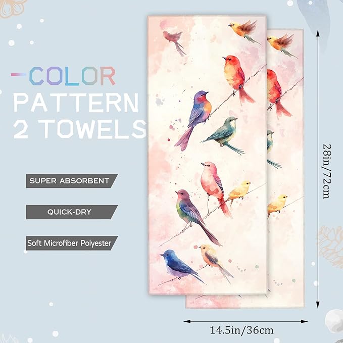 Colorful Bird Hand Towels - 2 Pack, 14.5" X 28",Soft Microfiber Polyester Towel Set with Watercolor Birds Pattern,for Fun Bathroom Kitchen Spa Hotel Decor Gifts Nature-Inspired Look