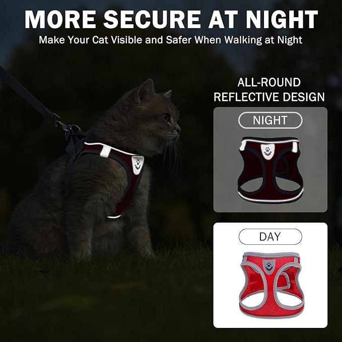 SCENEREAL Cat Harness and Leash Set Escape Proof, Adjustable Soft Air Mesh Kitten Harnesses for Girls Boys Small Medium Big Cats, Reflective Light Travel Pet Walking Vest for Puppy Rabbit, Red S
