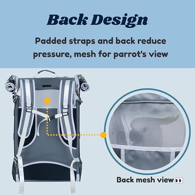 Birds Day Cockatoo Carrier Backpack-Parrot Travel Cage with Wooden Perch and Food Bowl, Stainless Steel Tray (Charcoal Gray, Cockatoo & Similar)