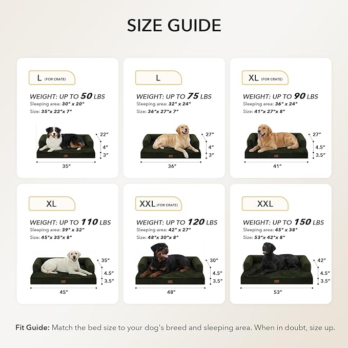 Orthopedic Dog Beds for Large Sized Dogs, Waterproof Egg Crate Foam Large Dog Couch Beds with Comfy Bolster 36x27Inch, Washable Pet Beds with Removable Cover and Nonskid Bottom, Olive Green