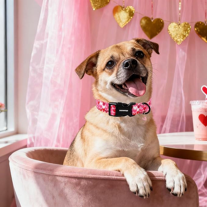 DOGWONG Valentine Dog Collar, Pink Heart Dog Collar, Girl Female Dog Collars with Strong Plastic Buckle for Medium Large Dogs,L
