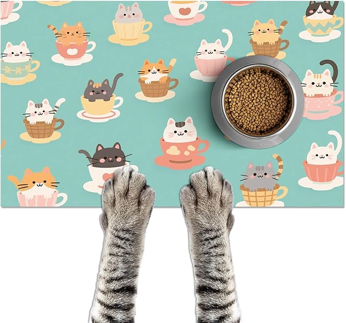 Cat Feedings Mats 20x12 inch Teacup Cat Print Pet Bowl Placemat Non Slip Mat for Cats Food and Water Indoor Kitty Feeding Station Cute Cats Meal Mat for Small Pets Kitchen Floor Use