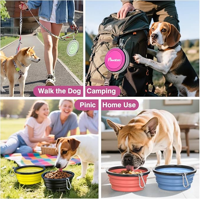 Pawaboo Collapsible Dog Bowls 2 Pack, Silicone Feeding Watering Bowls with Lids & Carabiners for Dogs Cats, Portable Water Feeder Food Bowl for Walking Traveling Home Use, 1000ml, Pink + Purple