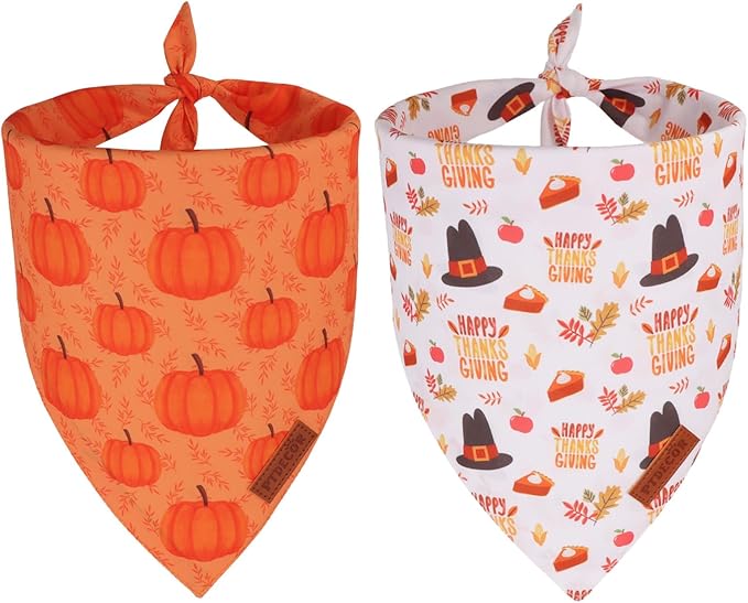 PTDECOR Thanksgiving Fall Dog Bandanas, Orange White Reversible Holiday Pet Scarf, Happy Thanksgiving Pumpkin Triangle Thanksgiving Bandanas for Medium Large Dogs Pets (Large)